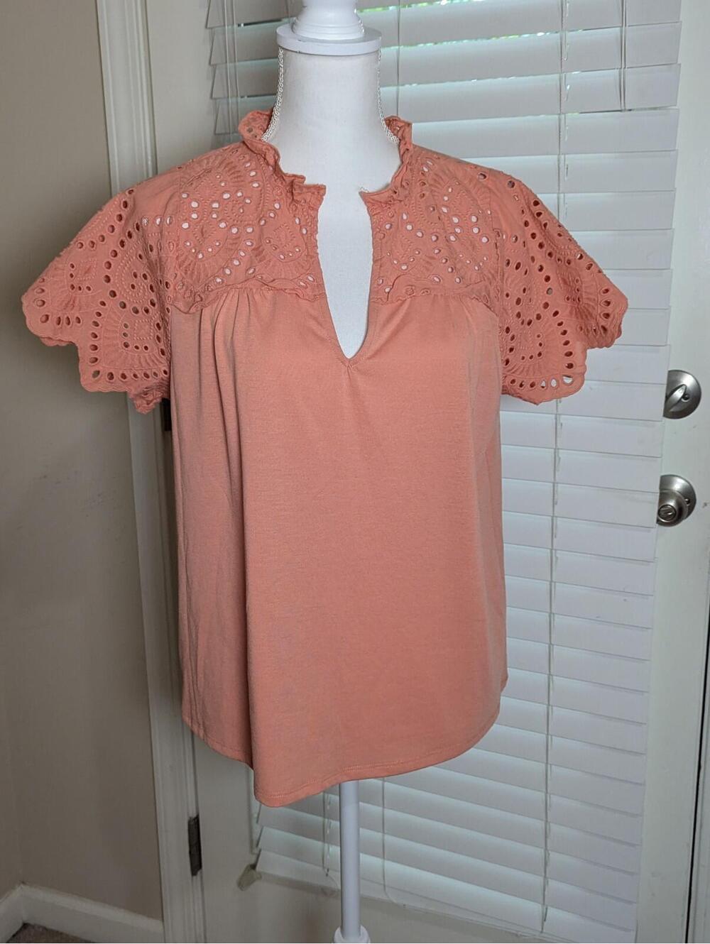 Women's Kikonana Orange Eyelet Top Short Sleeve Boho Western Large